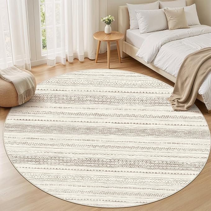 Nakagishi Round Rug Boho Area Rugs: 5x5 Washable Large Circle Neutral Soft Stain Resistant Non-Slip Carpet for Women Aged 25-45 Farmhouse Decor Enthusiasts - Living Room Bedroom Dining Room Nursery