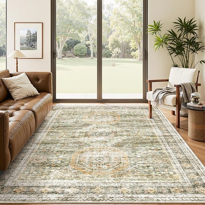 5x7 Area Rugs Green Orange Low Pile Indoor Washable Trendy Faded Style Rugs for Bedroom Living Room Dining Room Foldable Non-Slip Thin Print Mat