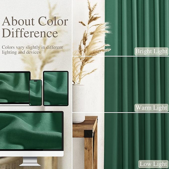Dark Green Linen Curtains 90 Inch Long 2 Panels Set for Bedroom Living Room Emerald Green Linen Textured Window Drapes Semi Sheer Light Filtering Rod Pocket Back Tab Farmhouse Curtain 52x90