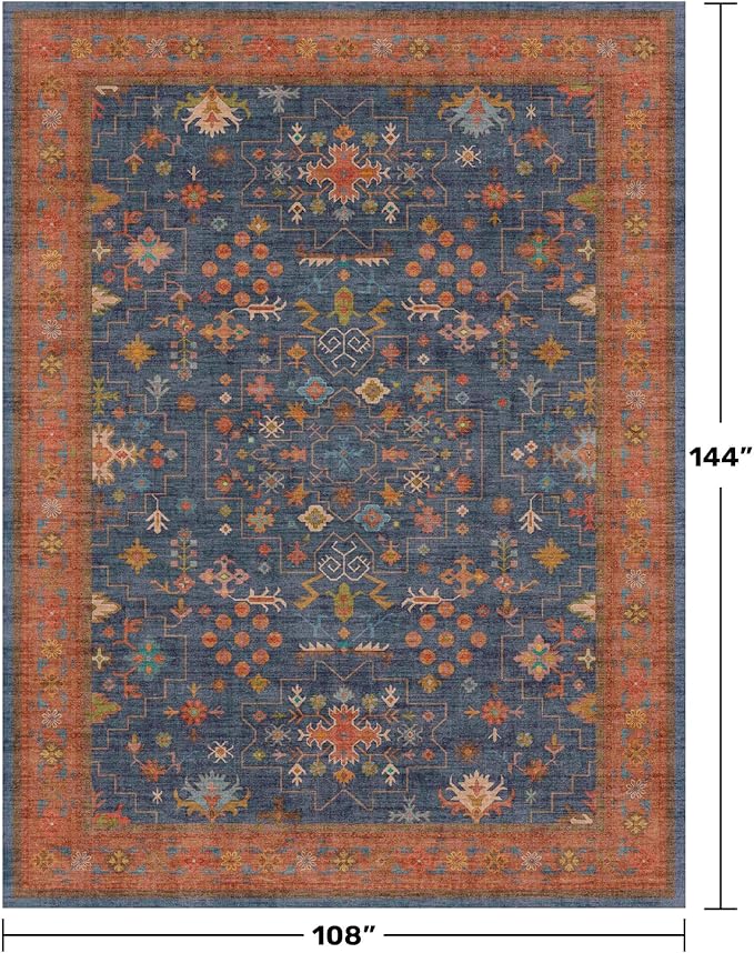 Navy Blue Area Rugs 9x12 Living Room, Dining Room Rugs for Under Table - Washable Low Pile Non-Slip Rugs for Bedroom - Vintage Boho Eclectic Home Decor - Ultra Soft Faux Wool Stain Resistance