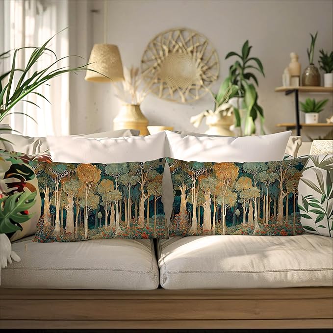 Rustic William Morris Inspired Forest Green Pillow Covers 12x20 Set of 2,Vintage Botanical Nature Landscape Decorative Throw Pillow Covers for Home Bedroom Living Room