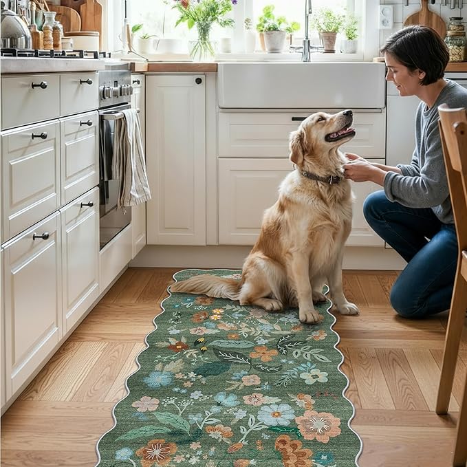Washable Floral 2x4 Area Rug: Indoor Soft Scalloped Carpet for Entryway Kitchen Non-Slip Water Resistant Bathroom Laundry Floor Mat Low Pile Durable Nursery Door Mat Cute Home Decor(2x4 Floral/Green)