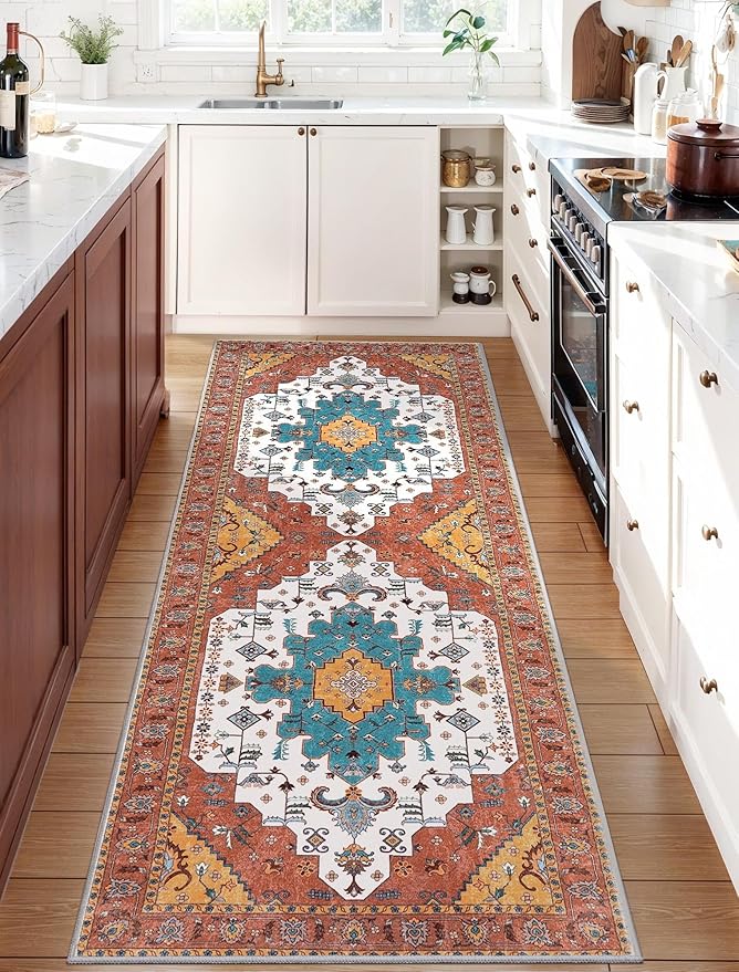 SERISSA Boho Washable Runner Rug, 2x6 Rug Non-Slip Vintage Orange Hallway Kitchen Runner Rug Ultra Soft Print Distressed Floor Carpet for Bedroom Bathroom Laundry Living Room