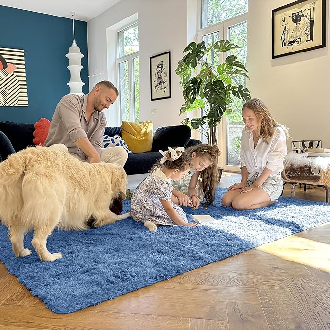 OLANLY 9x12 Machine Washable Large Area Rugs for Living Room, Bedroom, Soft Fluffy Shaggy Bedside Rug, Indoor Floor Carpet for Kids Girls and Boys, Dorms, Nursery, Home Decor, Blue