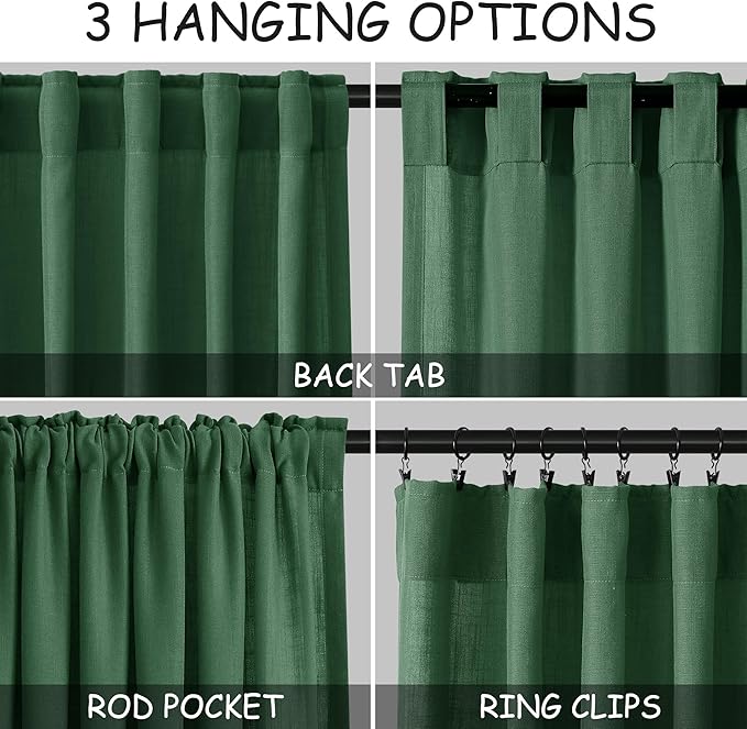 Nanspring Green Boho Curtains for Bedroom Back Tab Rod Pocket Semi Sheer Linen Curtains 90 Inches Long 2 Panel Set Light Filtering Neutral Farmhouse Lightweight Drapes for Living Room 52x90