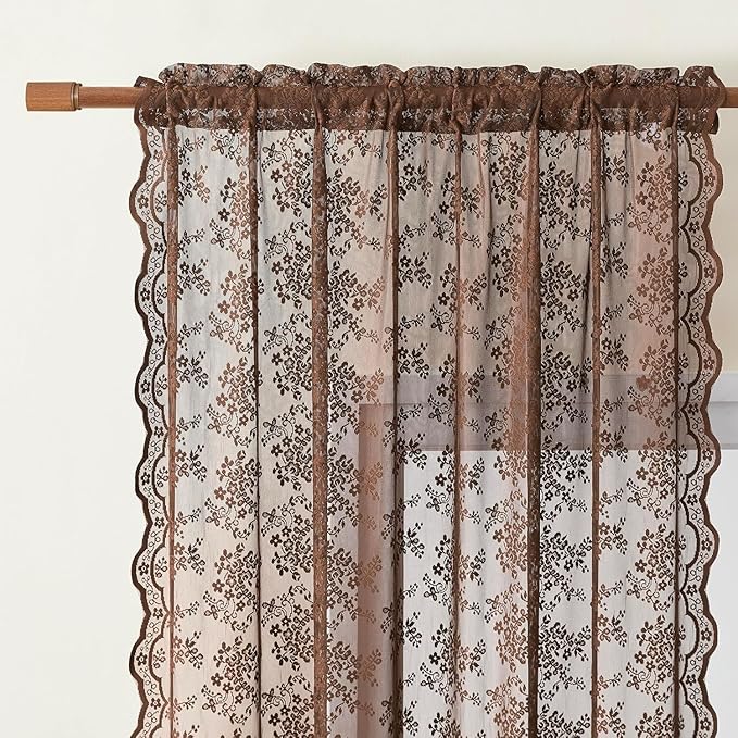YJ YANJUN Vintage Lace Curtains 108 Inches Long-Victorian Floral Pattern Brown Sheer Curtain Panels for Living Room Tall Windows,Light Filtering, Rustic Farmhouse Neutral Decor 2 Panels 52W x 108L
