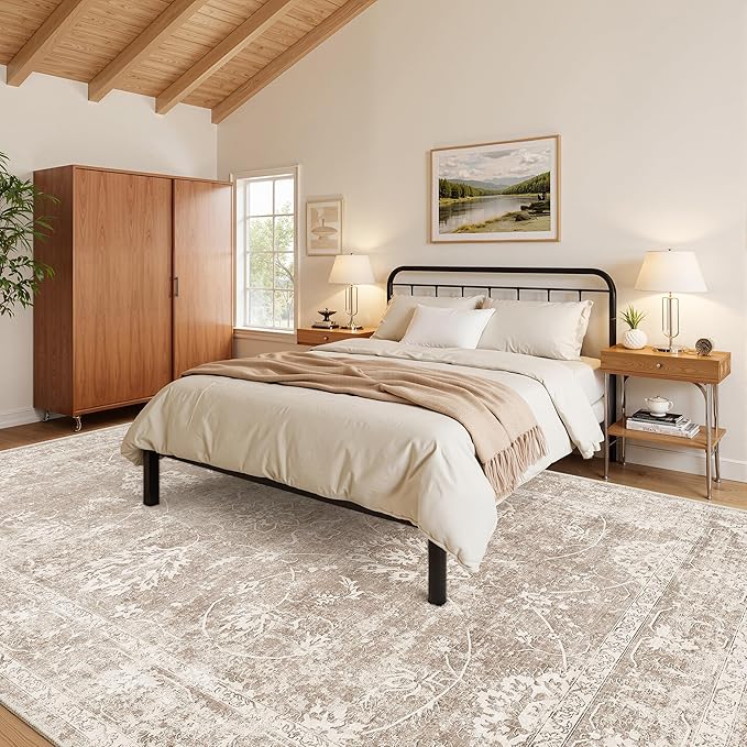 Madane Living Room 10x14 Area Rugs, Washable Low Pile Non-Slip Stain Resistant Extra Large Thin Rug, Vintage Soft Throw Carpet for Dining Room Bedroom Farmhouse Home Office Decor (10 x 14, Brown/Sand)
