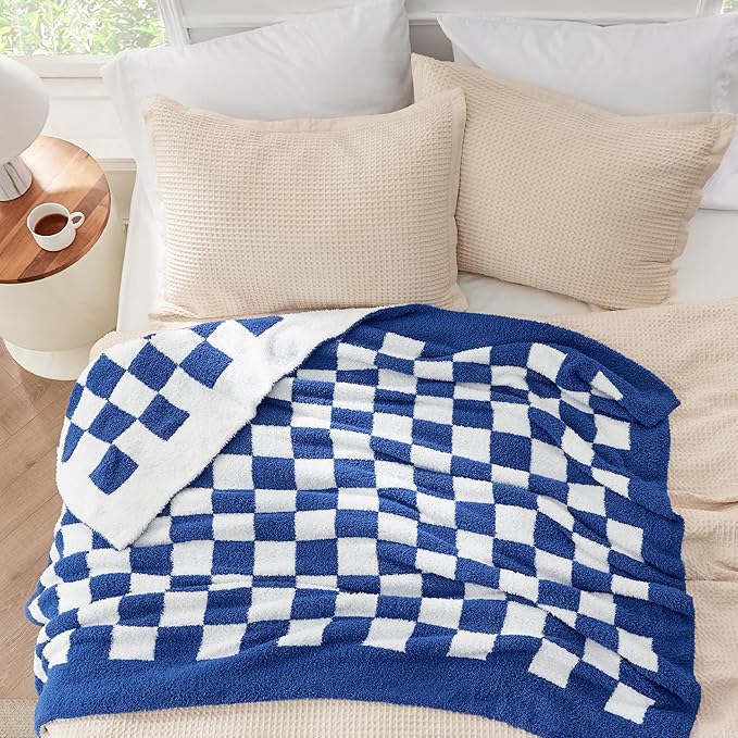 Bedsure Gentlesoft Checkered Twin Blanket for Couch - Soft Cozy & Warm Knit Navy Blue Throw Blanket, Breathable, Lightweight & Fluffy Plaid Blankets for Bed & Sofa, Gifts for Women Men, 60x80 Inches