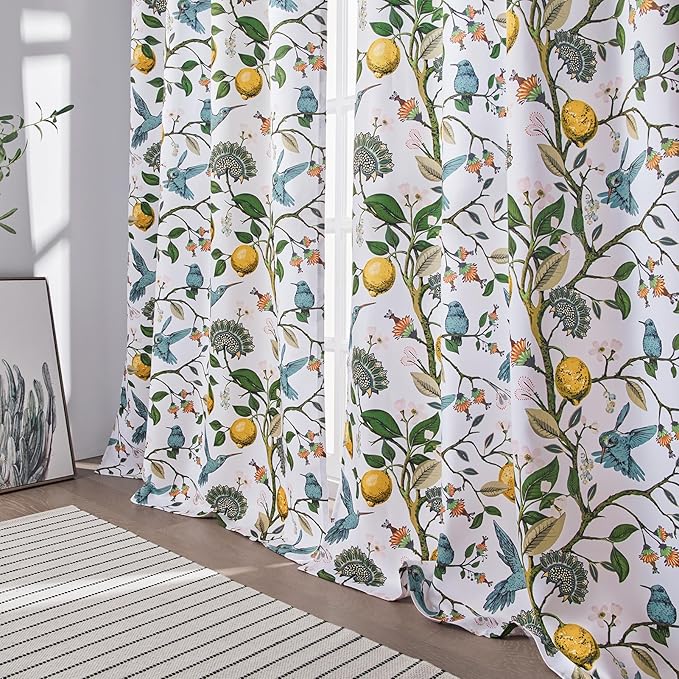 Topfinel 90 Inches Long Custom Window Curtains, Unique Chinoiserie Safari Floral Hummingbird Plant Lemon Patterned Extra Wide Noise Dampening Grommet White Satin Shabby Chic Drapes for Living Room