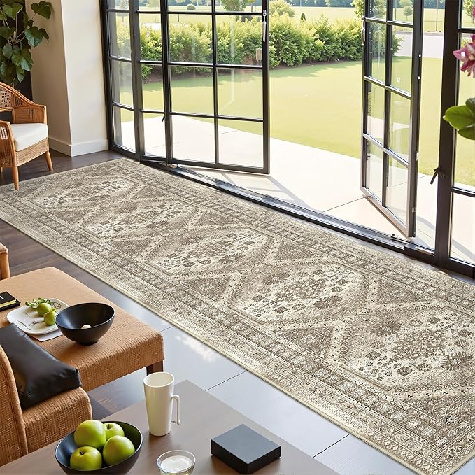 Hallway Runner Rug 2x12, Extra Long Washable Runner Rugs with Rubber Backing, Non Slip Runner, Vintage Rug Runners for Kitchen Laundry Room Entryway (Brown,2'x12')