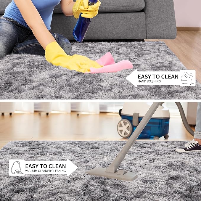 Tepook Fluffy Large Rugs for Living Room, Area Rug 6x9 Soft Carpet for Bedroom, Modern Shaggy Rug for Kids Boys Girls, Plush Indoor Nursery Home Decor Rug with Non-Slip Bottom, Tie-dye Light Grey