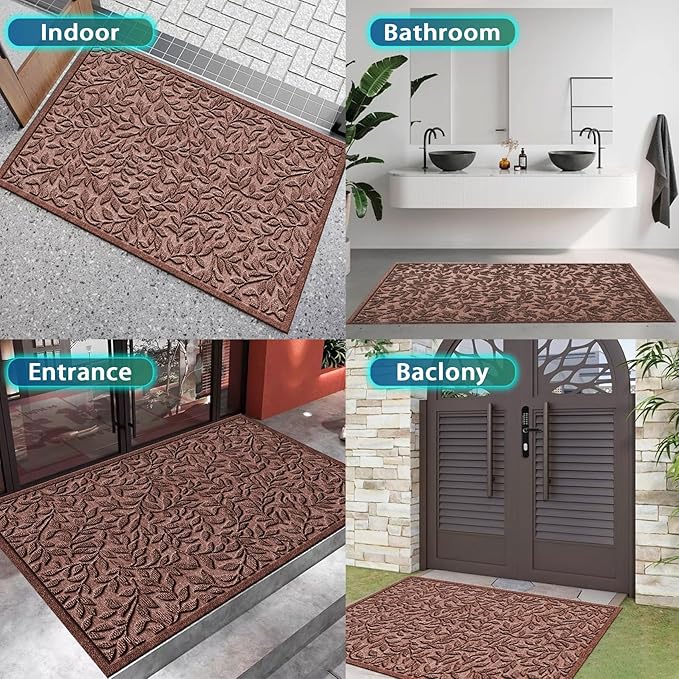 Bulijojo Sturdy Front Entrance Doormats,Durable Heavy Duty Welcome Mat,Thick Absorbent Natural Rubber Non Slip Mat,Easy Clean Entryway Mat Leaves Brown, 47" x 32"