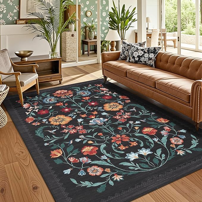 GarveeHome Washable Rug 8x10 Area Rugs for Living Room, Floral Rug for Bedroom, Soft Vintage Non Slip Throw Rugs with Rubber Back, Low Pile Stain Resistant Boho Floral Carpet for Dining Room, Black