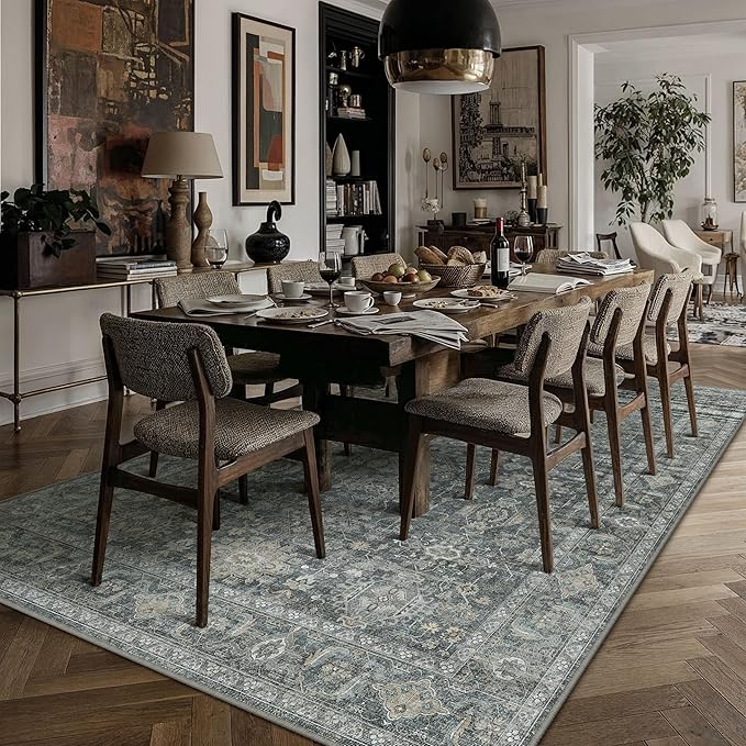 9x12 Washable Area Rug for Living Room Bedroom Vintage Black Grey Non Slip Carpet Traditional Retro Soft Low Pile Large Throw Rug for Dining Room Kitchen Office Indoor