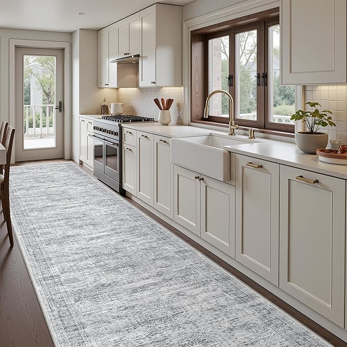 3x16 Washable Runner Rug for Hallway, Non-Slip Long Hallway Runner for Entryway, Soft Vintage Kitchen Mats for Floor, Abstract Dining Room, Bedroom, Living Room Rugs(3'x16', Grey/Ivory)