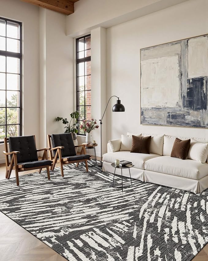Latte&Fog 6x9 Area Rugs for Living Room Bedroom, Modern Abstract Washable Rug, Boho Non Slip Low Pile Carpet for Indoor Dining Room,Dorm, Classroom, College Dorm,Farmhouse and Kids Room - Black White