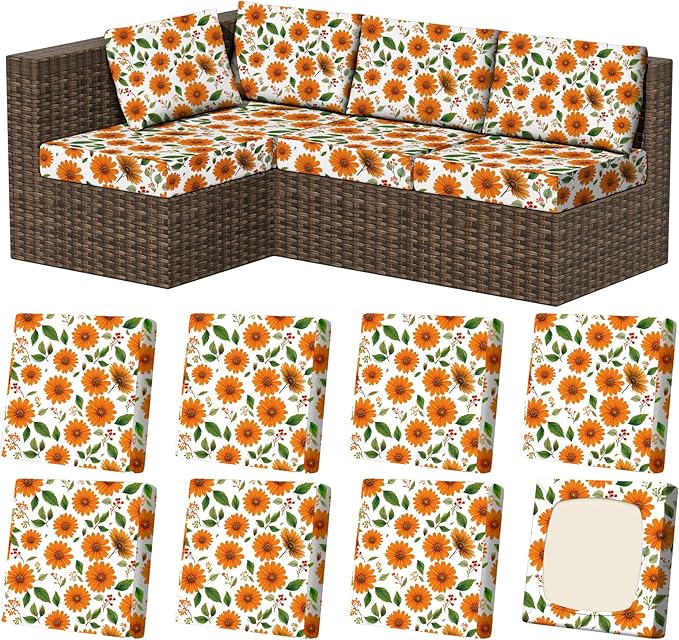 8Pcs Stretch Patio Cushion Covers, Outdoor Couch & Sofa Replacement Slipcovers for Patio Furniture Cushion Covers, Washable Reusable Furniture Protector
