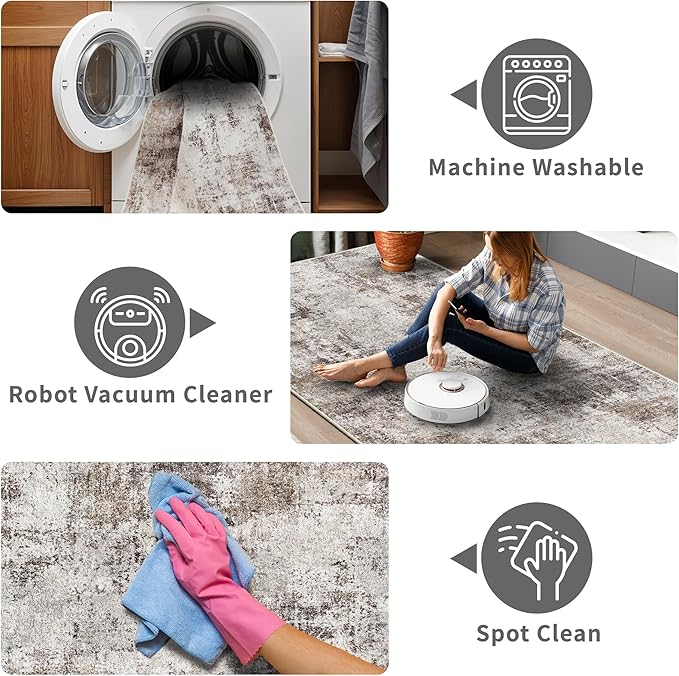 3x6 Washable Entryway Runner Rug: Non Slip Wide Hallway Runners Easy-to-Clean - Soft Living Room Bedroom Kitchen Carpet - Thin Low Pile Printed Floor Mat for Dining Room Beige Brown