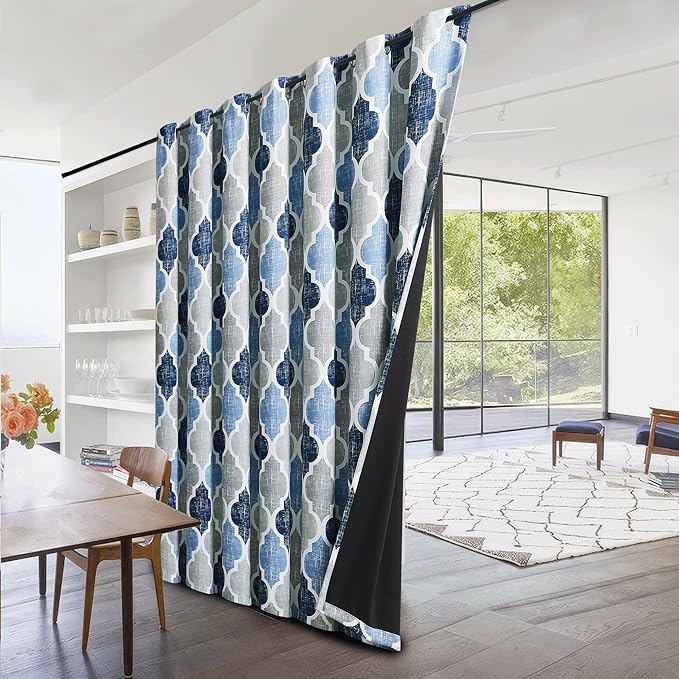 Beauoop 100% Blackout Curtains 84 Inches Long for Patio Sliding Door Blue Grey Extra Wide Moroccan Geo Room Darkening Thermal Soundproof Room Divider Grommet Window Treatment Drapes,100x84 Set of 1