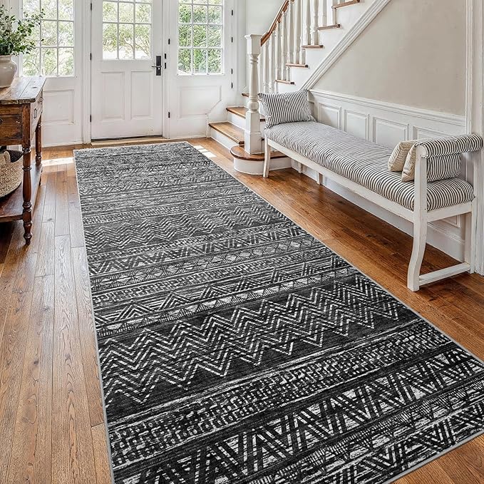 4x12 Washable Hallway Runner Rug：Moroccan Non-Slip Wide Runners for Entryway Kitchen Soft Modern Geometric Low-Pile Rugs for Living Room Thin Waterproof Carpet for Bedroom Bathroom Laundry(Black,4x12)