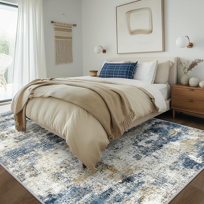 Area Rugs 5x8 for Living Room Bedroom, Modern Abstract Machine Washable Rug, Large Soft Low Pile Floor Carpet with Non Slip Backing for Dining Room, Navy Blue Beige