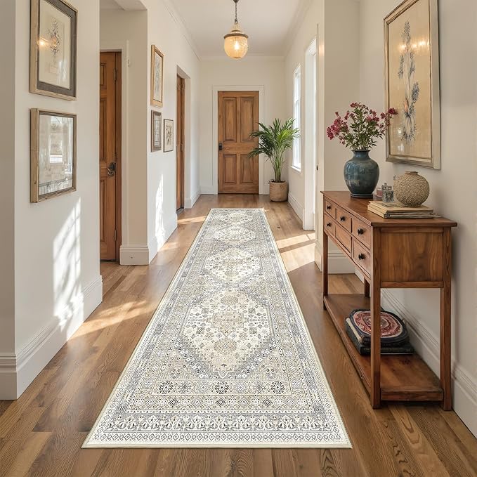 Runner Rug 2x10, Ultra-Thin Kitchen Rugs Non Slip Washable Rugs for Entryway Rug, Kitchen Runner Low Pile Vintage Soft Carpets for Living Room, Bathroom Bedroom (Beige,2'x10')