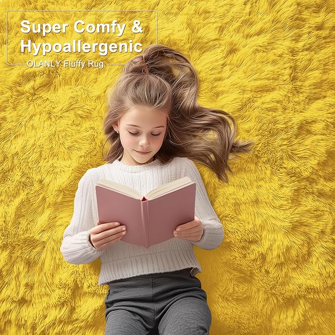 OLANLY 2x6 Machine Washable Runner Rugs for Hallway, Soft Fluffy Shaggy Bedside Rugs for Bedroom, Living Room, Indoor Floor Carpet for Kids Girls and Boys, Nursery Rooms, Home Decor Aesthetic, Yellow