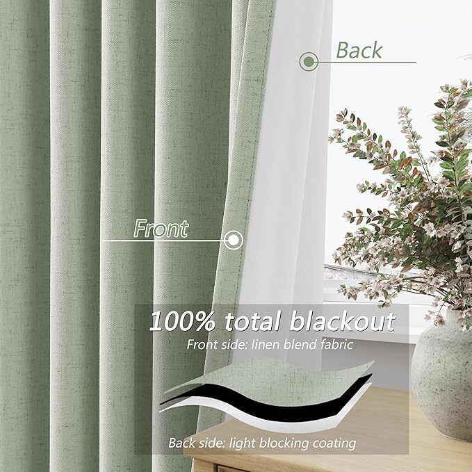 Guken 100% Blackout Curtains 120 Inch Length 2 Panels Set for Living Room Bedroom Back Tab Thermal Insulated Black Out Linen Drapes Room Darkening Window Curtains Mist Sage 52x120