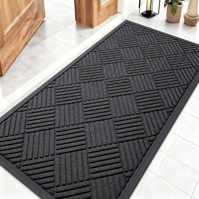 OLANLY Front Door Mat Outside Entrance 47x23, Absorbent, Heavy Duty Sturdy Natural Rubber Doormat Indoor Outdoor, Stain and Fade Resistant, Non-Slip Low Profile Floor Mat for Entryway, Black Diamond