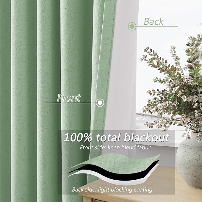 Guken Aqua Green 100% Blackout Linen Curtains 80 Inch Length 2 Panels Set for Living Room Bedroom Back Tab Rod Pocket Thermal Insulated Black Out Drapes Room Darkening Window Curtains 80 Inches Long