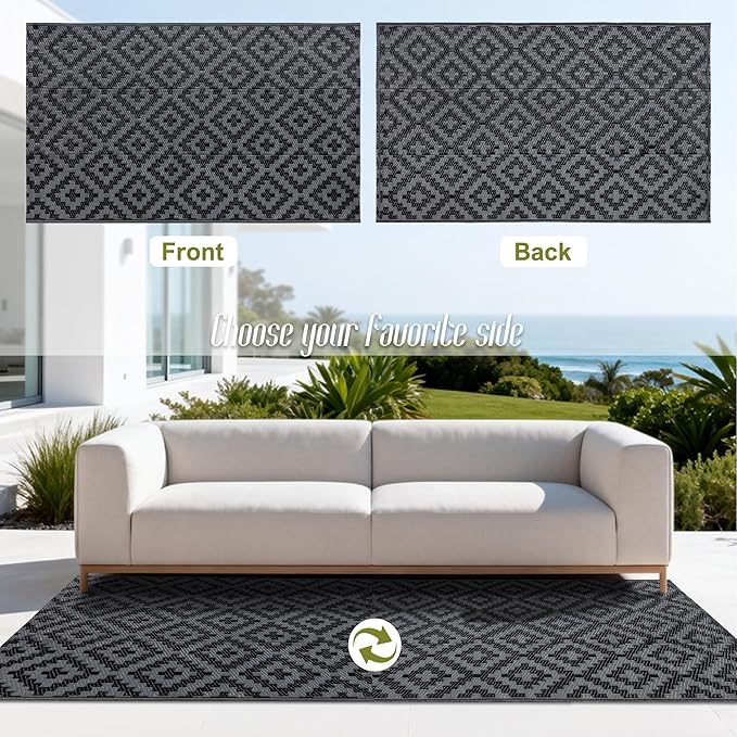 Outdoor Rug 3 x 5 Ft Reversible Black Grey Lattice Polypropylene