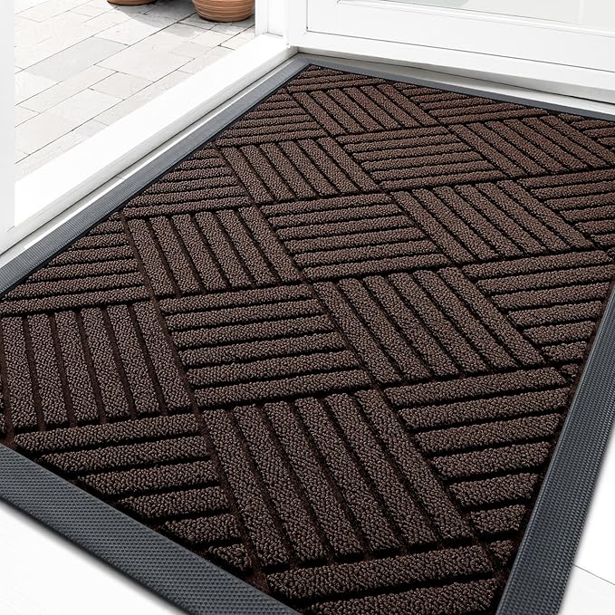 OLANLY Front Door Mat Outside Entrance 33x21, Absorbent, Heavy Duty Sturdy Natural Rubber Doormat Indoor Outdoor, Stain and Fade Resistant, Non-Slip Low Profile Floor Mat for Entryway, Brown Diamond