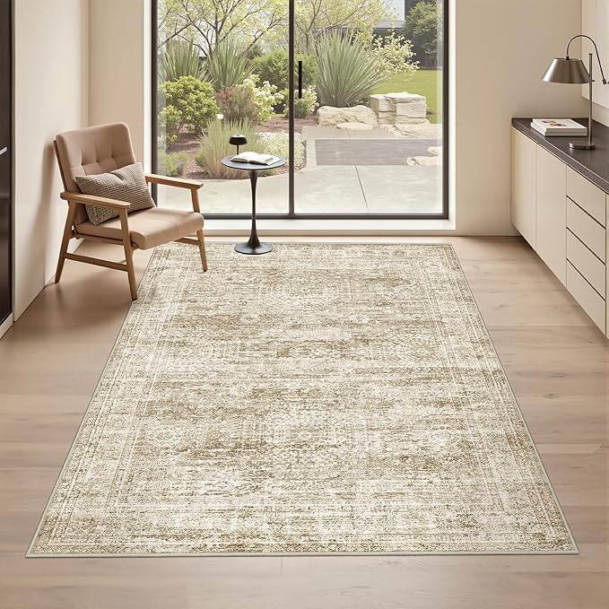 3x5 Washable Area Rug for Entryway, Soft Kitchen Rugs Non Slip for Dining Room, Vintage Abstract Living Room Rug, Thin Area Rugs Indoor for Bedroom, Kids Room Decor(3'x5', Brown/Ivory)
