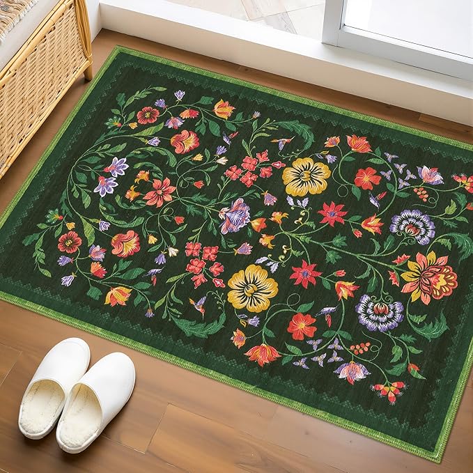 GarveeHome Protea Floral Rug for Entryway 2x3 Rugs Machine Washable Boho Small Area Rug Non-Slip Low-Pile Front Door Soft Mat for Entrance, Bedroom, Kitchen, Laundry, Bathroom, Forest Green