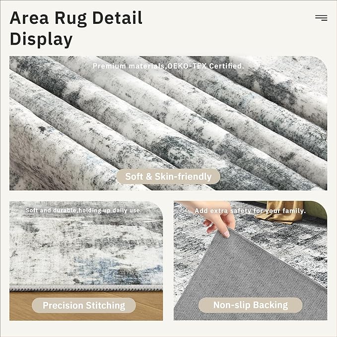 Abstract Rug 5x7 Machine Washable Area Indoor Grey Low Pile Non-Slip Foldable Thin Accent Rugs for Bedroom Living Room Dining Room