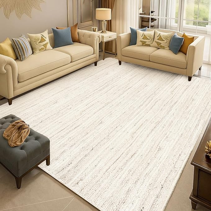 Hausattire Hand Woven Jute Braided Area Rug, 10’x14’ – Off White, Reversible Boho Rugs for Kitchen, Living Room, Bedroom I Farmhouse Decorative Floor Rug, 120x168 Inches