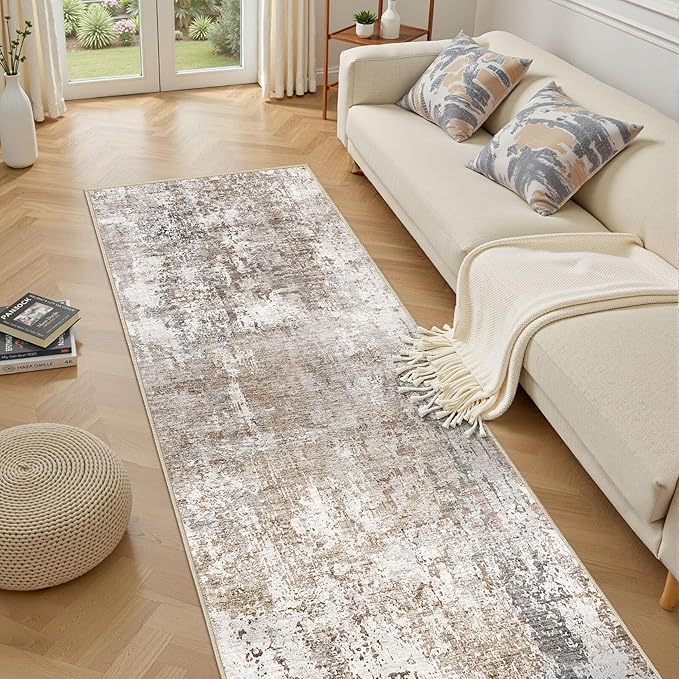 UERMEI 3X12 Washable Runner Rug for Hallway: Soft Neutral Modern Abstract Area Rug - Non-Slip Low Pile Long Throw Indoor Carpet for Kitchen Entryway Kitchen Bedroom Laundry Bathroom - Brown/Grey/Red