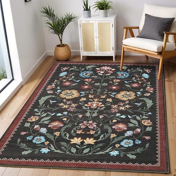GarveeHome Washable Rug 4x6 Area Rugs for Living Room, Floral Rug for Bedroom, Soft Boho Non Slip Throw Rugs with Rubber Back, Low Pile Stain Resistant Vintage Floral Carpet for Dining Room, Red