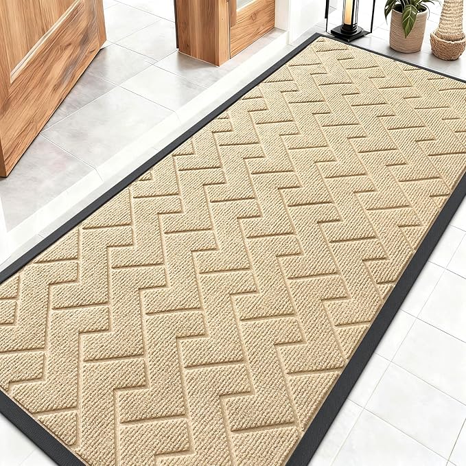 OLANLY Front Door Mat Indoor Outdoor Entrance, Waterproof All-Season, All-Weather Doormat, Sturdy Natural Rubber, Low Profile, Easy Clean Patio Porch Entryway Mat, Herringbone Brick (Beige, 59x23)