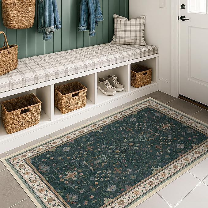 Dark Green Oushak 3x6 Kitchen Rug - Modern Vintage Boho Floral Moody, Washable Low Pile Non-Slip Area Rugs for Large Entryway, Door Mat Indoor Entrance, Kitchen, Bedroom Beside Bed