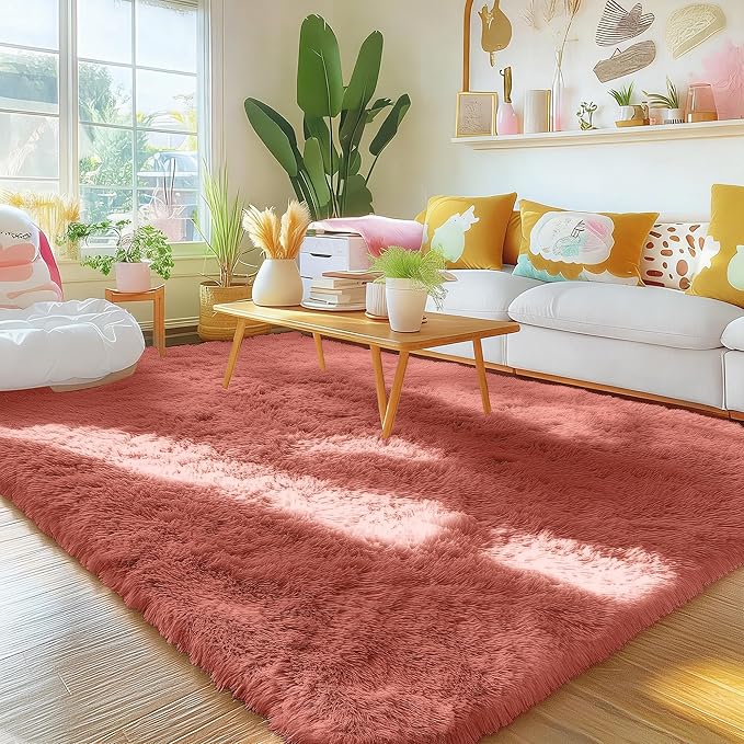 OLANLY Area Rugs for Living Room Bedroom, Machine Washable 4x5.9 ft Soft Fluffy Shaggy Bedside Rug, Indoor Floor Carpet for Kids Girls and Boys, Dorms, Nursery Rooms, Home Decor Aesthetic, Rust Red