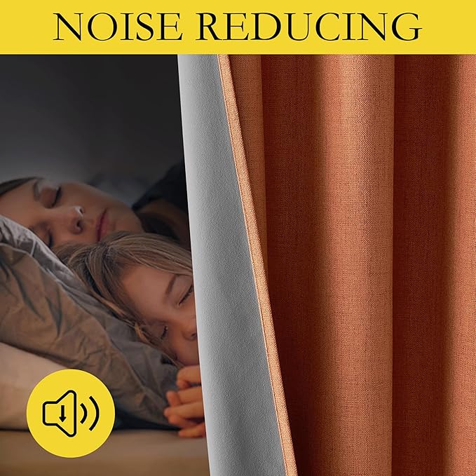 NICETOWN 100% Absolutely Blackout Linen Curtains with Thermal Insulated Liner, Terracotta, 52" Wide, 2 Panels, 90 inches Long Drapes, Grommet Retro Linen Curtains Vertical Drapes Privacy for Bedroom