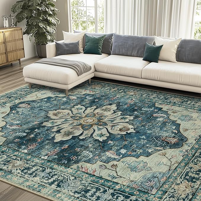 RELEANY Area Rugs 7'x10' Washable Non-Slip, Floral Vintage Distress Print Pattern Medallion Carpet for Living Room Bedroom Dining Room, Dark Blue Vintage