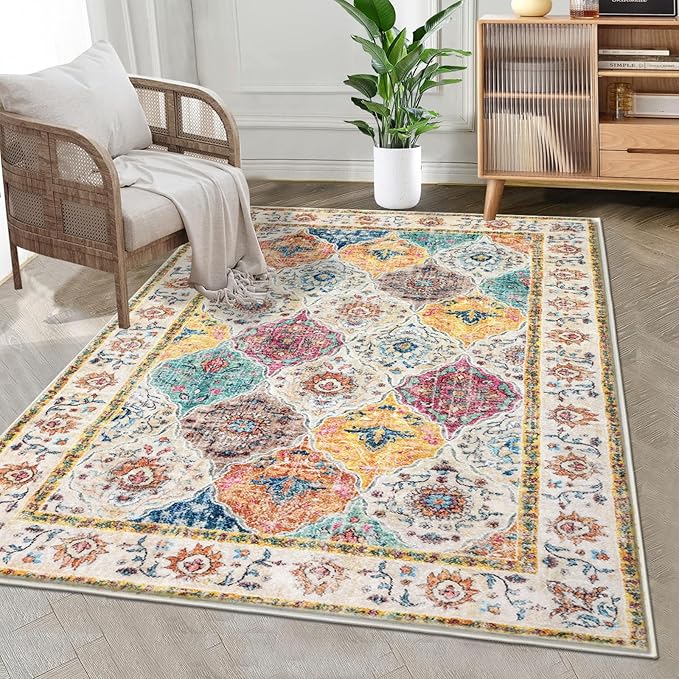 HEBE Washable Area Rug - 3'x5' Non Slip Soft Distressed Medallion Bedroom & Living Room Accent Throw Vintage Entry Floor Carpet for Dining Room & Bathroom Entryway