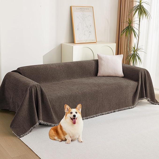 MYSKY HOME Couch Covers for 2 Cushion Couch Sectional Sofa, L Shape Sofa Protector Deep Chocolate Chenille Couch Cover, Sofa Covers Washable Blanket with Tassel Pet Couch Cushion Cover, 71"X102"