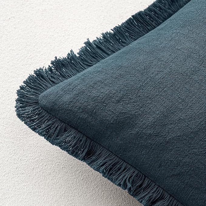 MIULEE Decorative Throw Pillow Covers Neutral Linen Fringe Throw Pillows Euro Shams Set of 2 Navy Blue Boho Farmhouse Cushion Covers for Couch Sofa Bed Living Room Spring Home Decor 24x24 Inch