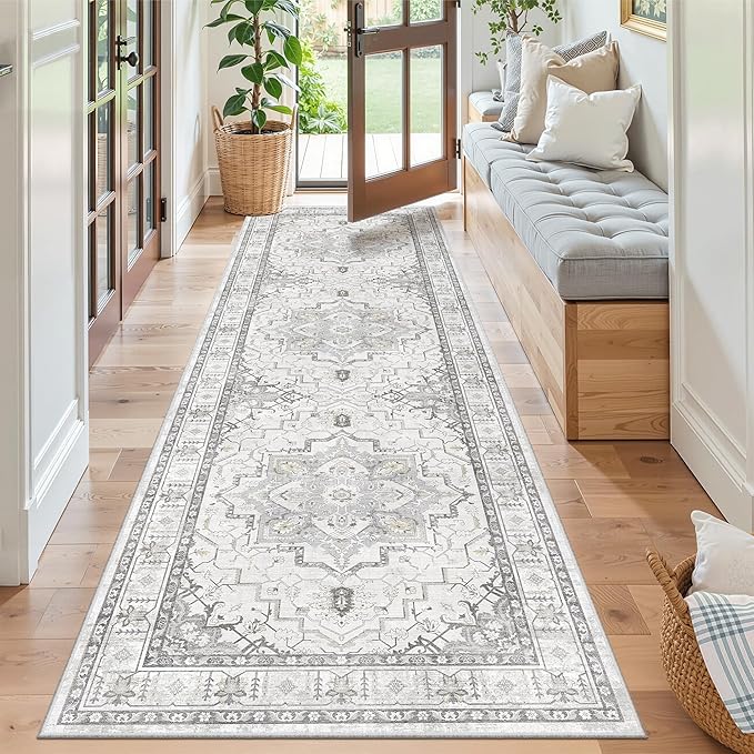 Madane Runner Rug 2'6''x8' Kitchen Runner, Hallway Runner Printed Vintage Rug 2.5x8ft Washable Rugs Soft Non-Slip Low Pile Runners for Hallways Laundry Room Rug, Grey