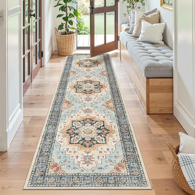 Madane Runner Rug 2x8, Washable Hallway Runner Rugs, Non-Slip Low-Pile Soft Kitchen Rug Runner Laundry Room Rug, Vintage Throw Entry Foyer Mat for Entrance Living Room (Orange/Blue, 2 x 8)