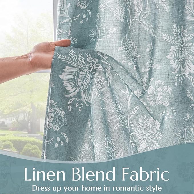 jinchan Linen Floral Curtains for Living Room, 96 Inch Length Curtains with Printed Flower Light Filtering Curtain, Rod Pocket Back Tab Blue Window Treatment Set Bedroom Curtain, 2 Panels Blue