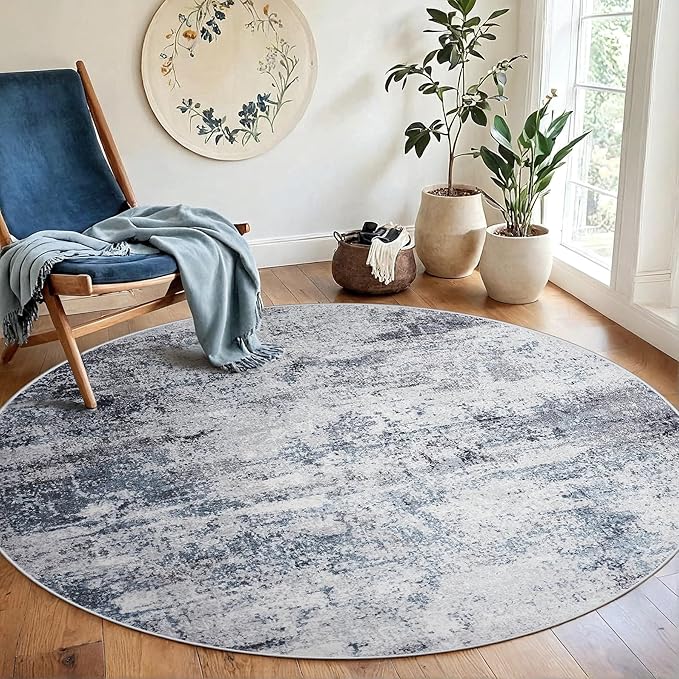Round Rug 6ft Circle Rug Washable: Carpet Small Circular Area Rug for Entryway Kitchen Bedroom Dining Room Living Room 6 Feet Abstract College Dorm Non Slip Low Pile Blue Grey
